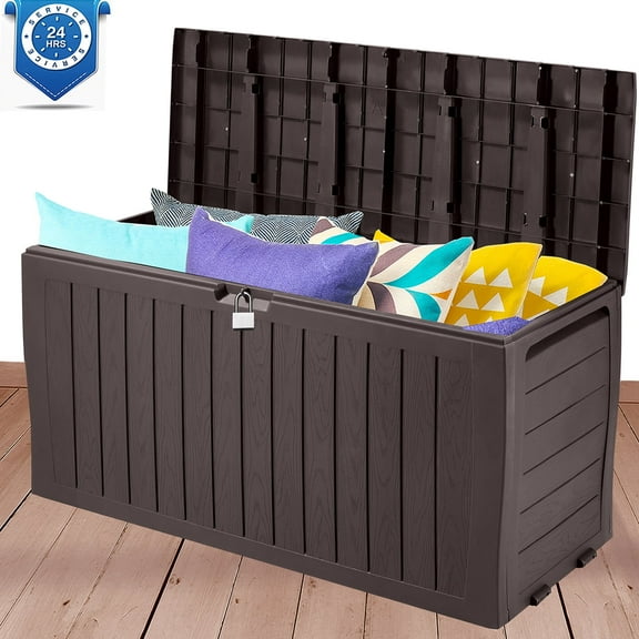 75GAL Outdoor Storage Box, Seizeen Deck Box for Outside, Storage Bench w/Wheels & Padlock, All-weather Waterproof Patio Storage Container for Cushions, as Seat Max 250LBS, Espresso