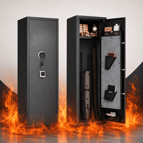 Fingerprint Gun Safe Fireproof, Seizeen Quick Access Biometric Long Safe for 4-5 Long Guns, Adjustable Racks, Built-In Alarm, Side Door Storage