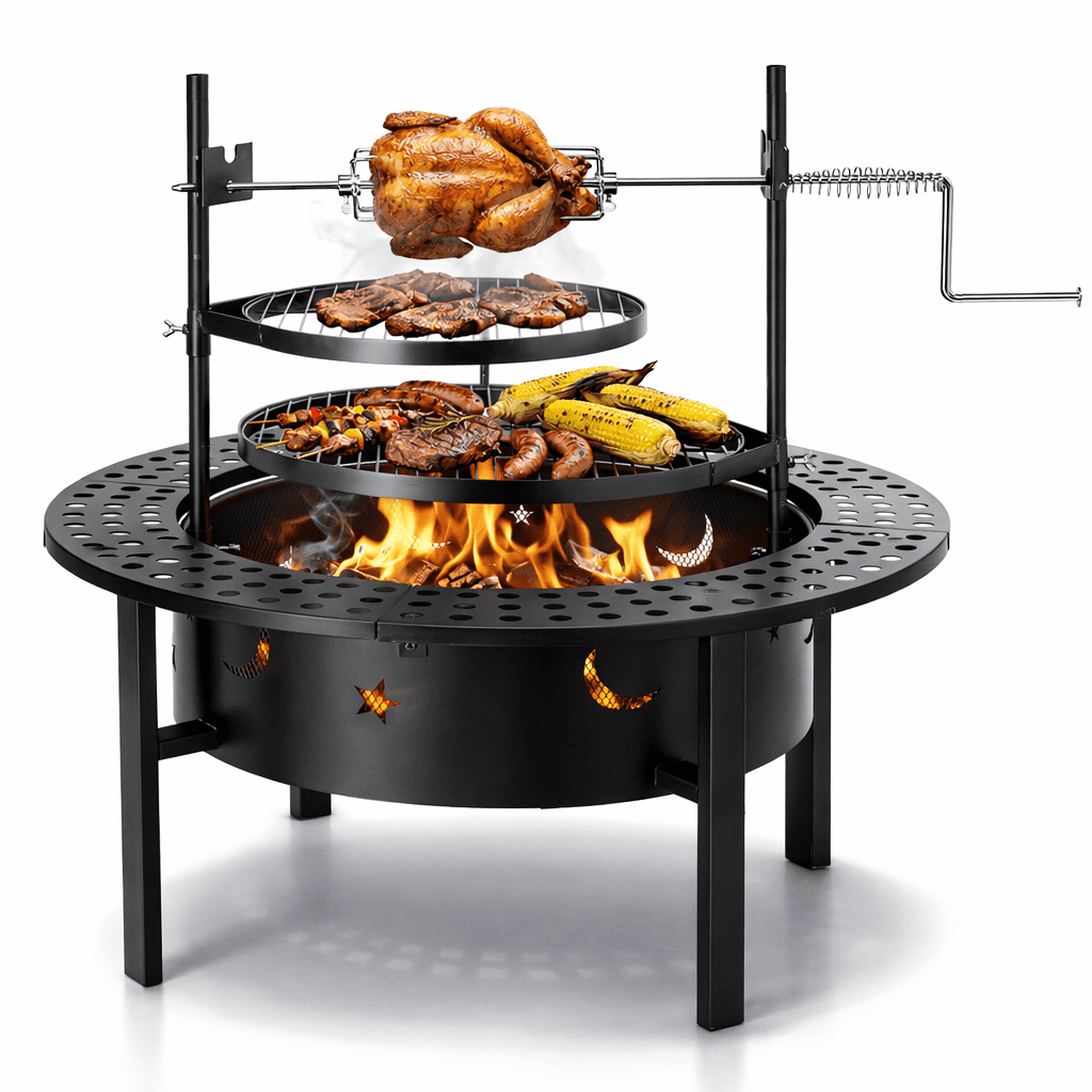 Outdoor Fire Pit with Swivel Cooking Grills, Wood Burning Fire Pit BBQ Grill Combo, Heavy Duty Patio Firepit with Rotating Grill Fork for Backyard, Deck, Camping & Picnic, 33’’ Round