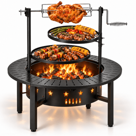 Outdoor Fire Pit with Swivel Cooking Grills, Wood Burning Fire Pit BBQ Grill Combo, Heavy Duty Patio Firepit with Rotating Grill Fork for Backyard, Deck, Camping & Picnic, 33’’ Round