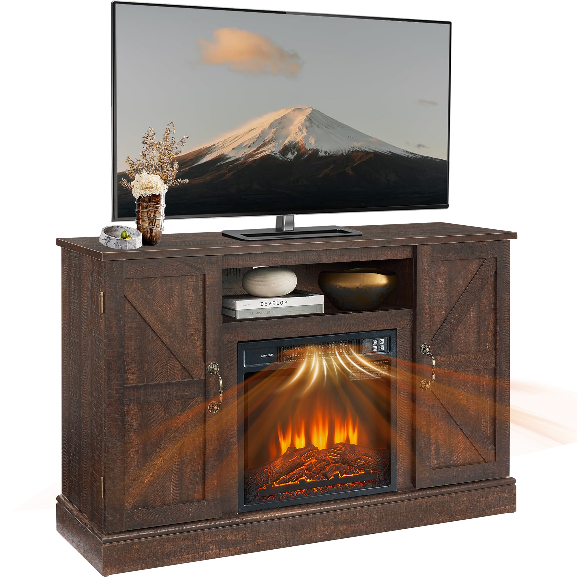 "Seizeen Rustic Farmhouse Electric Fireplace TV Stand, Barn Door Design