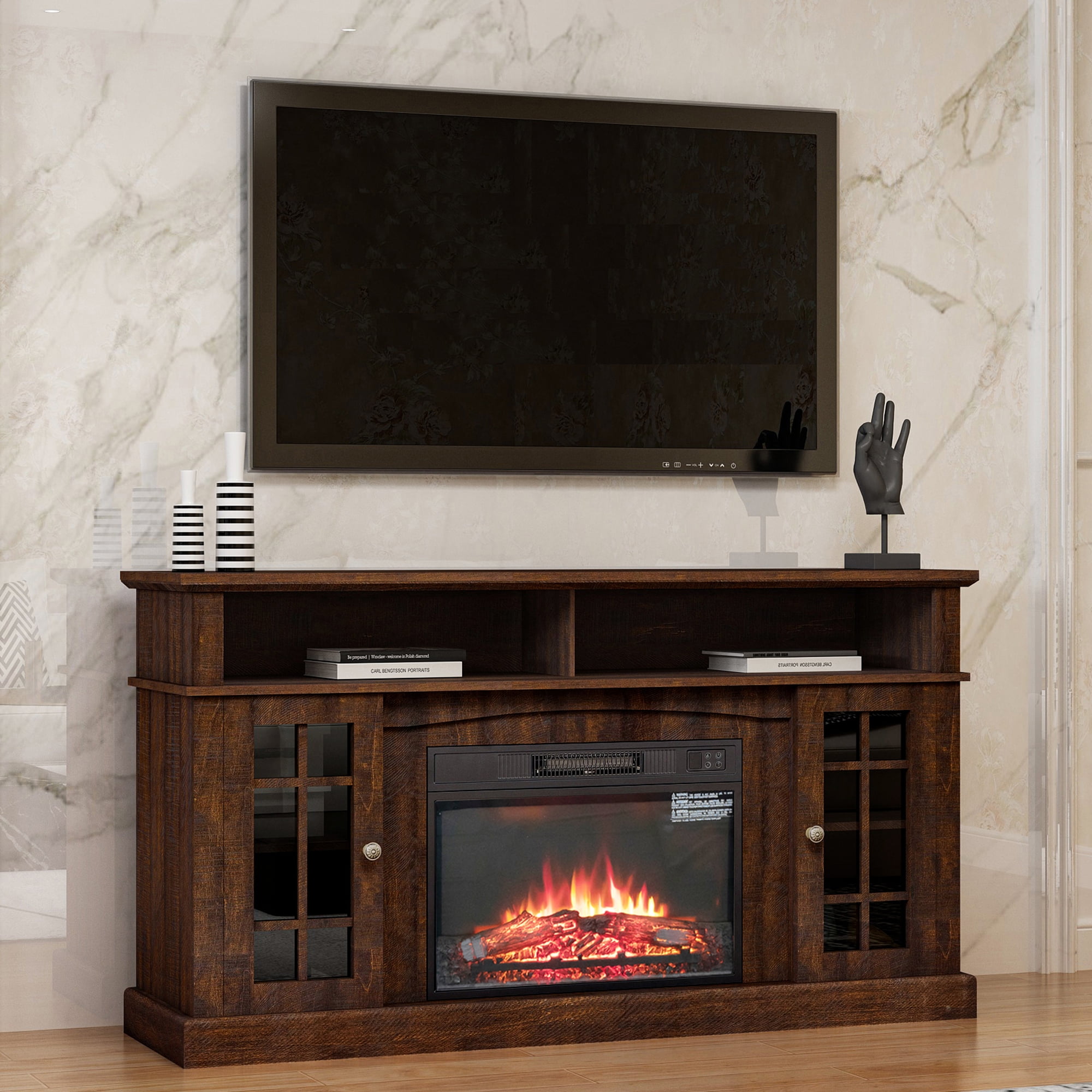 Seizeen Fireplace TV Stand with Barn Door, for TVs up to 65 inches