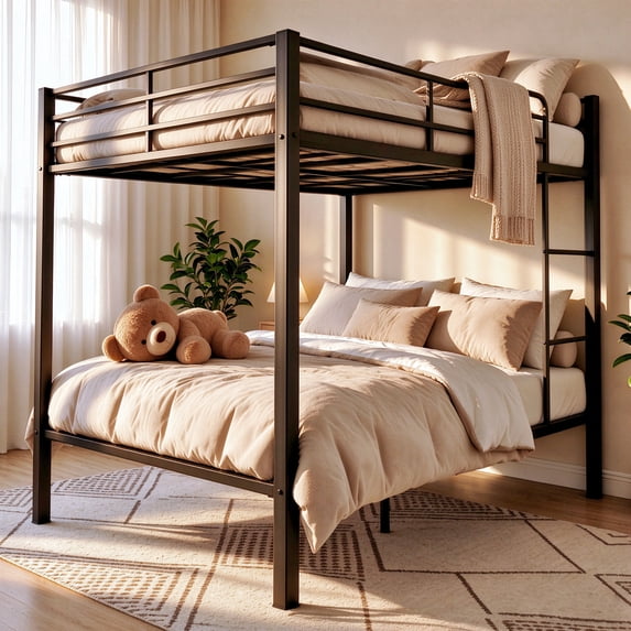 Seizeen Full Bunk Bed, Full over Full Metal Bunk Bed, 78" * 56" Modern Retro Full Size Bunk Bed Frame with Ladder and Safety Guardrails for Teens Adults, Black