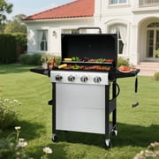 Upgraded Gas Grill W/Brush, 4-Burner Propane Grill Outdoor Barbecue w/Foldable Table & Hanging Basket, Portable Grill on Wheels, 36,000 BTU