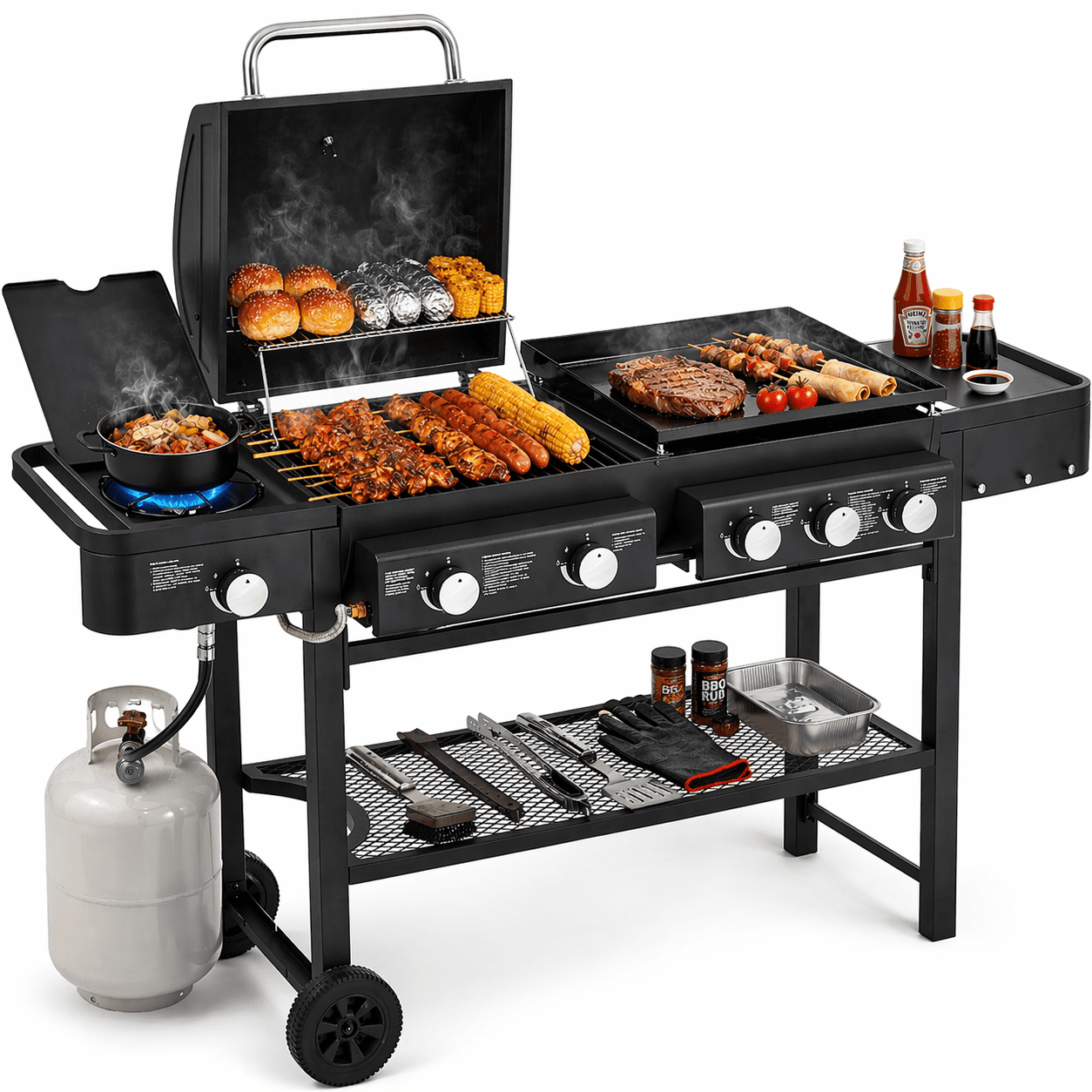 Multifunctional  Gas Grill Combo, Outdoor Propane Griddle with Cover, 5-Burner Propane Gas BBQ Grill with Side Burner, Cast Iron Grid, Storage Shelf, on Wheels