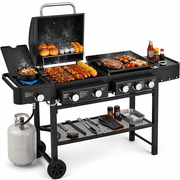 Multifunctional  Gas Grill Combo, Outdoor Propane Griddle with Cover, 5-Burner Propane Gas BBQ Grill with Side Burner, Cast Iron Grid, Storage Shelf, on Wheels