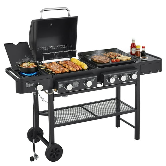 Multifunctional  Gas Grill Combo, Outdoor Charcoal Grill Smoker Adjustable Height, 3-Burner Propane Gas BBQ Grill with Side Burner, Cast Iron Grid, 2-side Gribble, Storage Shelf, Adjustable Vent,