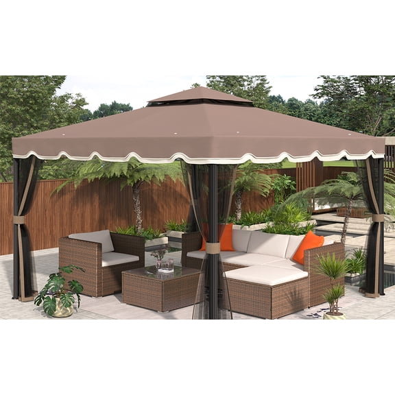 Seizeen Gazebo Canopy, 117'' x 117'' Gazebo Tent with 2-Tier Top, 360° Mosquito Net, Strong Farms, Brown
