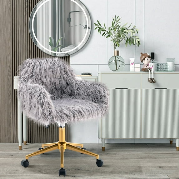 Seizeen Gray Faux Fur Chair, Cute Fluffy Upholstered Vanity Chair, Modern Height Adjustable Swivel Chair on Wheels, Accent Chair Home Furniture for Living Room/Bedroom/Office