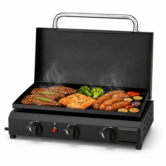 Portable 3-Burner Gas Griddle, 23'' Outdoor Propane Cooking Station, 30,000BTU Flat Top Griddle, Patio Camping BBQ Tabletop Grill with Ceramic Coated Cast Iron Pan