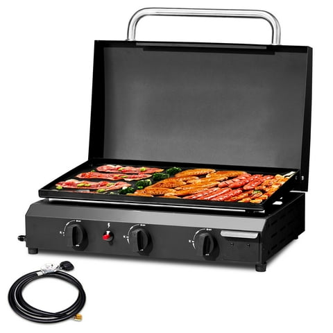 Portable 3-Burner Gas Griddle, 23'' Outdoor Propane Cooking Station, 30,000BTU Flat Top Griddle, Patio Camping BBQ Tabletop Grill with Ceramic Coated Cast Iron Pan
