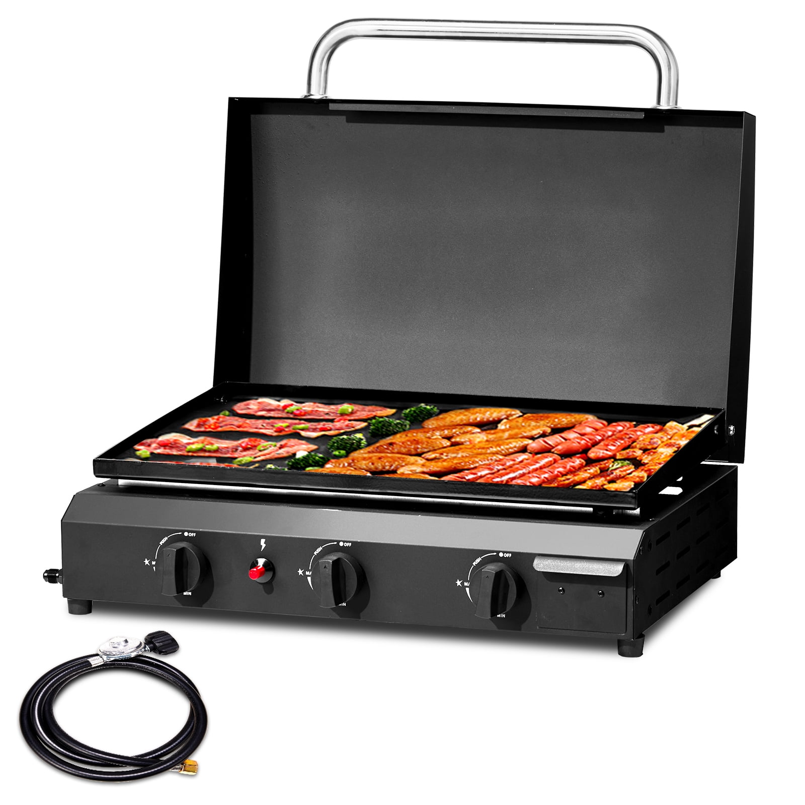 Portable 3-Burner Gas Griddle, 23'' Outdoor Propane Cooking Station, 30,000BTU Flat Top Griddle, Patio Camping BBQ Tabletop Grill with Ceramic Coated Cast Iron Pan at Walmart