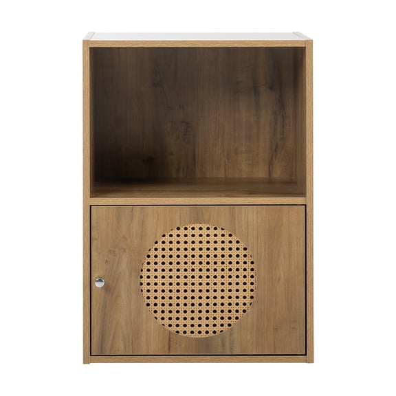 Seizeen Home Storage Cabinet, Floor Freestanding Storage Organizer with 1 Door and 1 Tier Open Shelf, Sideboard Cupboard with Decorative Rattan, for Living Room, Bedroom, Kitchen, Rustic Brown