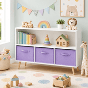 Seizeen Kids Bookshelf & Storage, 2-Tier Toy and Book Storage Organizer for Children, 3 Fabric Drawers Bookcase for Kids Room Library, Purple