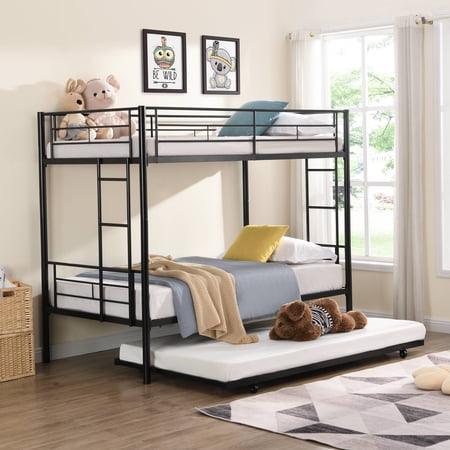 Metal Twin Over Twin Bunk Bed, Seizeen Heavy Duty Triple Bunk Bed Frame with Trundle Up to 400LBS Per, Teens Adults Bunk Beds with Side Ladders & Safety Guard Rails, No Box Spring Needed, Black