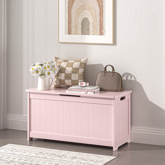 Seizeen Kids Toy Box, Pink Wooden Toy Chest Organizer with Safety Hinged Lid, Entryway Storage Bench Supports 100 lbs, Toy Storage Chest for Bedroom, Toddler Room, L0470