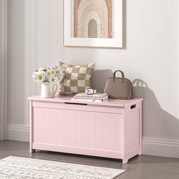 Seizeen Kids Toy Box, Pink Wooden Toy Chest Organizer with Safety Hinged Lid, Entryway Storage Bench Supports 100 lbs, Toy Storage Chest for Bedroom, Toddler Room, L0470