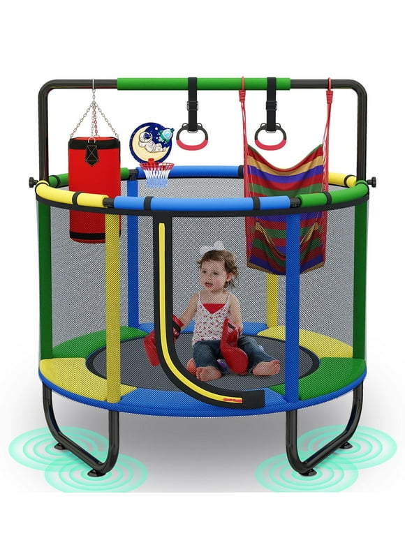 Seizeen Kids Trampoline for Toddler, 55inch Mini Trampoline with Enclosure, Basketball Set, Swing, Adjustable Gymnastics Bar Ring, Boxing Bag, Christmas Birthday Gift for 3-7 Years Boys & Girls