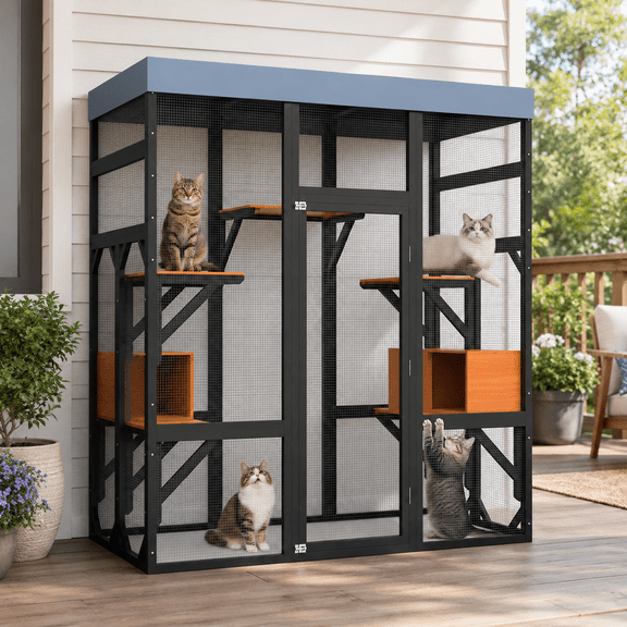 Seizeen Large Catio 63''x70'', Outdoor Cat Enclosure w/ 5 Platforms & 2 Napping Houses, Metal Wire Cat Playpen with Waterproof Roof & 2 Locks, Indoor Outdoor Cat Cage for Cats