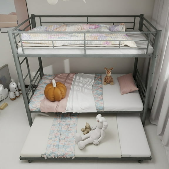 Twin Over Twin Bed with trundle,Metal bunk bed with Noise Reduced/ Safety Guardrail/No Box Spring Needed,suitable for teenagers and adults, silver