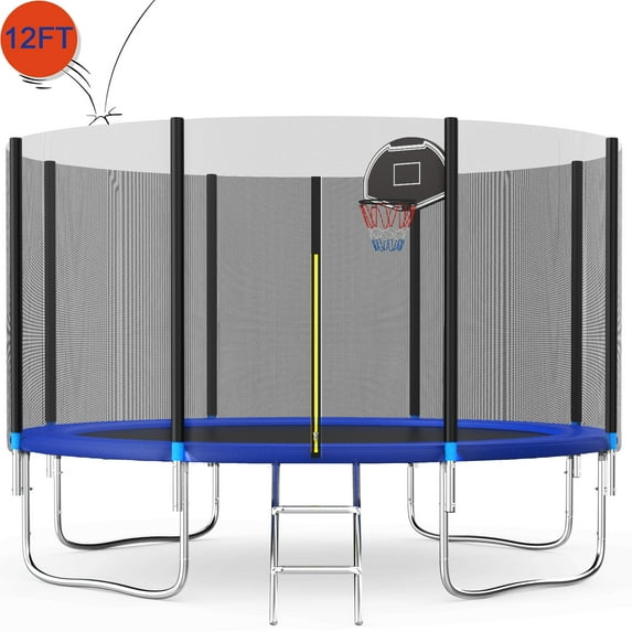 Seizeen Trampoline for Kids - 12FT Trampoline W/Enclosure Net, Outdoor Round Trampolines 2-IN-1 with Basketball Hoop, Max Weight 1500 LBS