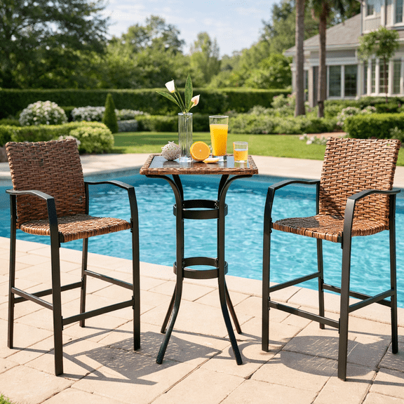 Seizeen Outdoor Table and Chairs, 3-Pcs Rattan Patio Bar Table Set with 2 Armchairs, Counter Height Dining Bistro Set  w/Glass Table Top, Footrest