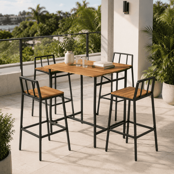 Seizeen Outdoor Table and Chairs, 5-Pcs Rattan Patio Bar Table Set with 4 Chairs, Counter Height Dining Bistro Set  w/Wood Top, Footrest
