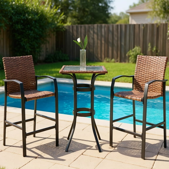 Seizeen Outdoor Table and Chairs, 3-Pcs Rattan Patio Bar Table Set with 2 Armchairs, Counter Height Dining Bistro Set  w/Glass Table Top, Footrest