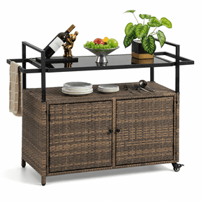 Seizeen Outdoor Bar Cart on Wheels, Patio Wine Serving Cart with Glass Top and Storage Cabinet, Rolling Rattan Beverage Bar Counter Table for Porch Backyard Garden Poolside