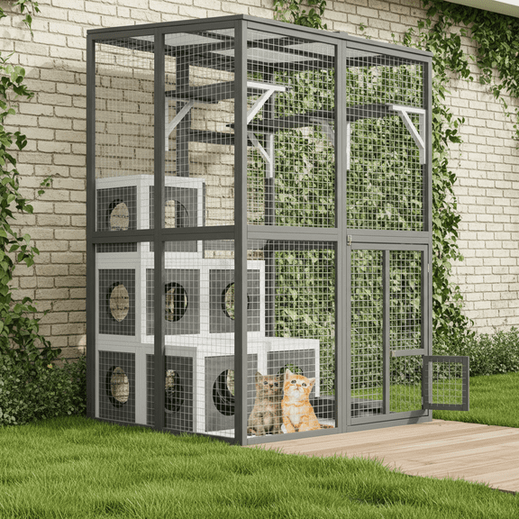 Seizeen Outdoor Catio Enclosure, 75''H Wooden Cat House w/Playpen for Kitty Indoor Use, Large Walk-in Cat Cage with  2 Jumping Platforms & 7 Napping Houses