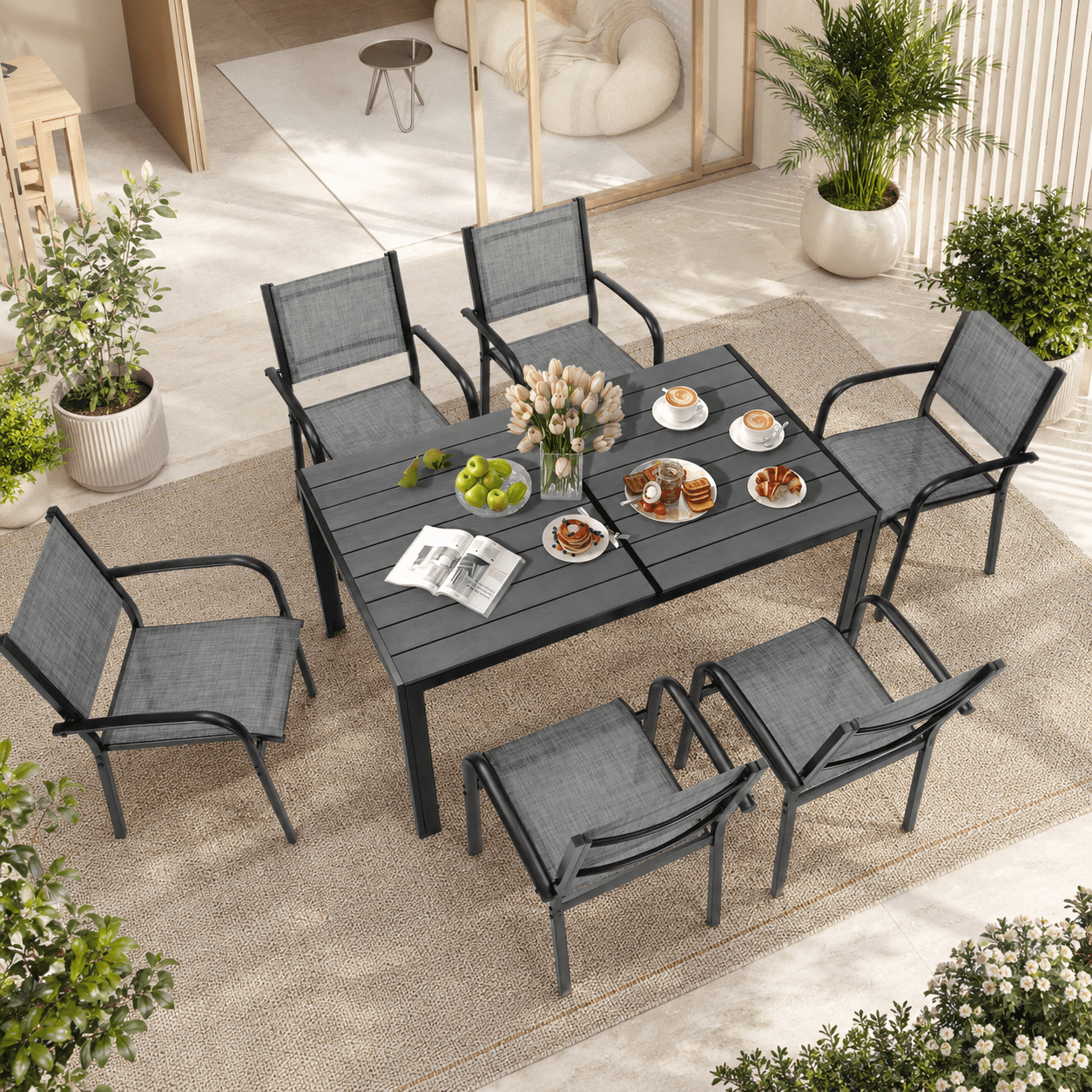 Seizeen 7 Pieces Patio Dining Set, Outdoor Patio Furniture Set, Plastic-wood Table Top with Steel Frame, Dining Set w/Gray Textilene Chairs for Backyard, Garden and Poolside