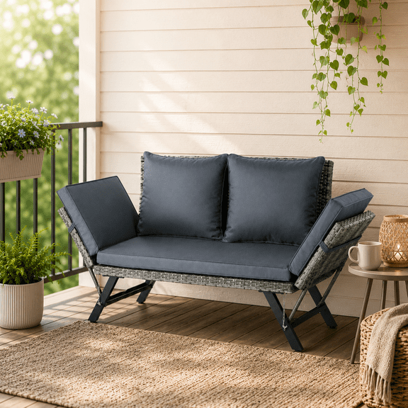 Patio Wicker Bench with Foldable Side Armrest, Outdoor Rattan Chair with Dark Grey Cushion, Steel Frame Patio Loveseat for Backyard, Porch, Garden, Grey