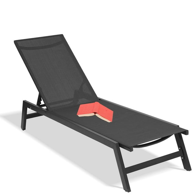 Seizeen Outdoor Chaise Lounge Chair, Five-Position Adjustable Patio Lounge Chair for Poolside Deck Porch Backyard, Black Aluminum Frame Furniture Set with Wheels