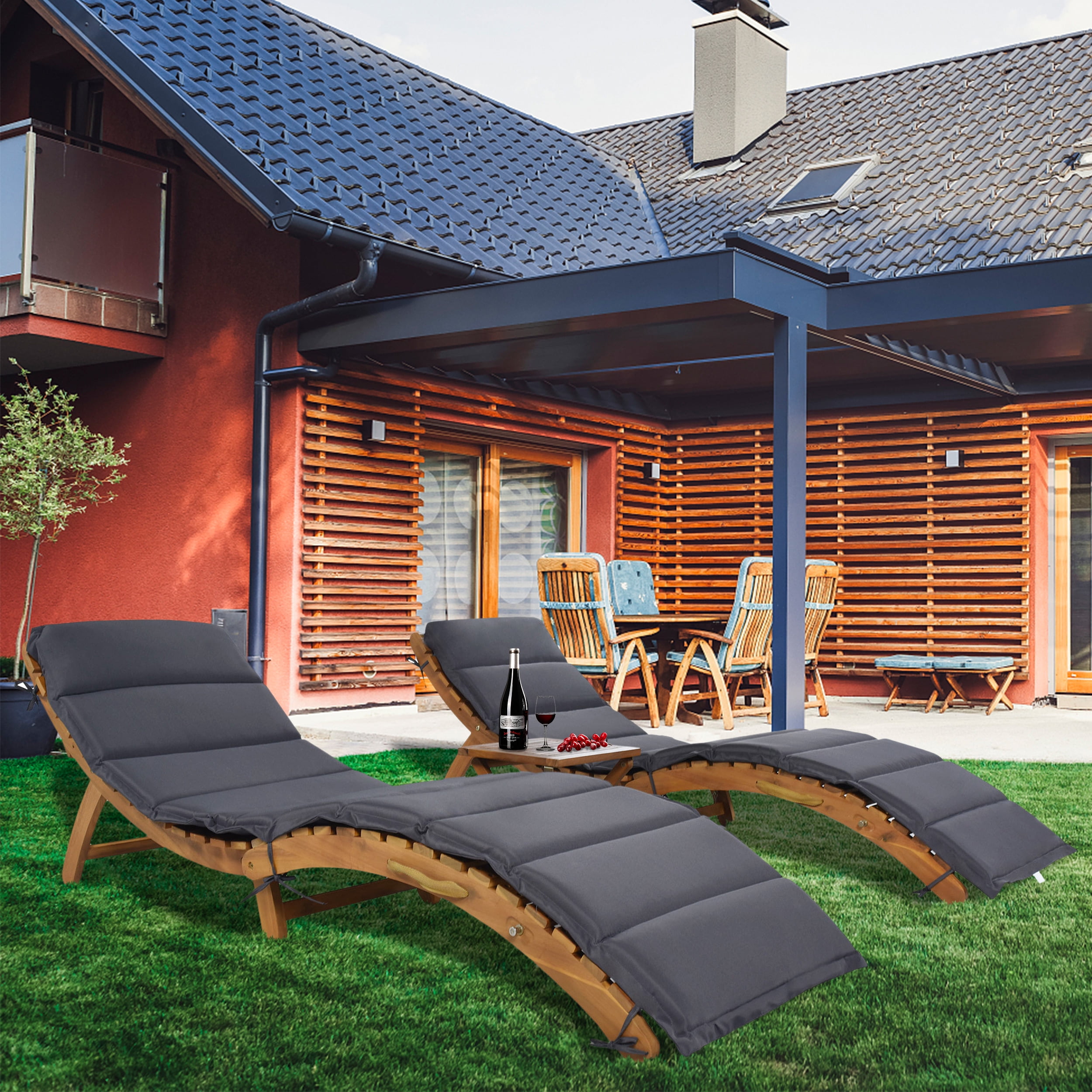 Dropship TOPMAX Outdoor Patio Wood Portable Extended Chaise Lounge Set With  Foldable Tea Table For Balcony, Poolside, Garden, Brown Finish+Dark Gray  Cushion to Sell Online at a Lower Price