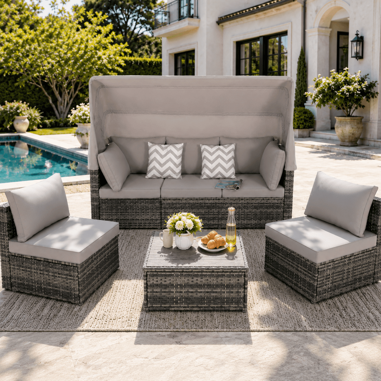 Outdoor Wicker Patio Furniture Set, 5-Piece Sectional Sofa with Canopy Daybed, All-Weather Rattan Conversation Set with Cushions & Table for Backyard Garden Poolside