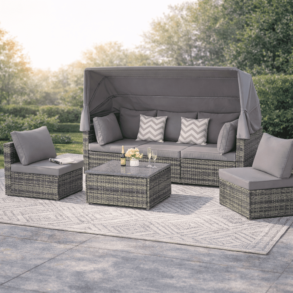 Seizeen 5-Piece Outdoor Daybed, Rattan Sectional Sofa Set with Retractable Canopy, Patio Sectional Bed with Side Table, Outdoor Sunbed for Backyard Porch Pool with Cushions, Adjustable Daybed