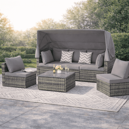 Seizeen 5-Piece Outdoor Daybed, Rattan Sectional Sofa Set with Retractable Canopy, Patio Sectional Bed with Side Table, Outdoor Sunbed for Backyard Porch Pool with Cushions, Adjustable Daybed