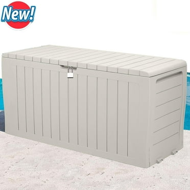 Seizeen Outdoor Storage Box, 75Gal Resin Deck Box for Cushions/Pool Accessories, Waterproof Patio Storage Bench for Indoor Garden Poolside, Max Weight Capacity 450lbs, Beige
