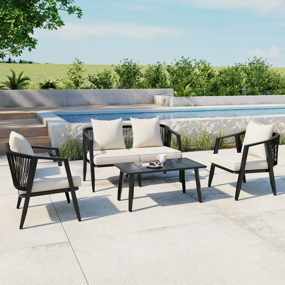 4 Pieces Heavy-duty Patio Furniture Sets, Metal Outdoor Conversation Sofa with Table, Cushioned Backyard Table and Chairs for 4 with Wide Seats, Thickened Steel Frame, Beige Cushions