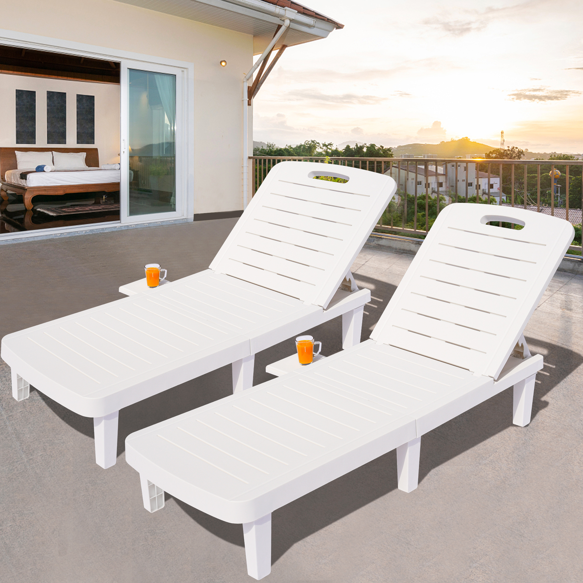 Seizeen Outdoor Lounge Chairs, 2Pcs Chaise Lounge Set W/Cup Holder