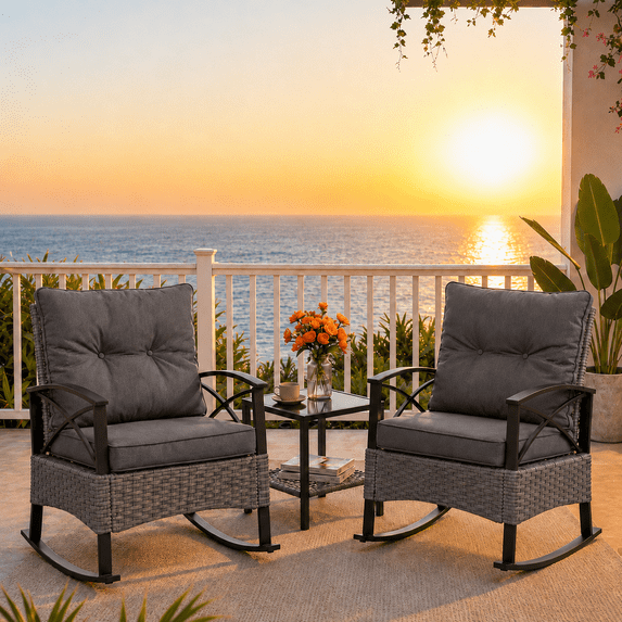 Patio Outdoor Furniture Set, 3PCS Rattan Wicker Rocking Chair Set Balcony Furniture, Steel Frame Patio Chairs with 2-Tier Coffee Table, Thick Seat Cushions and Pillows