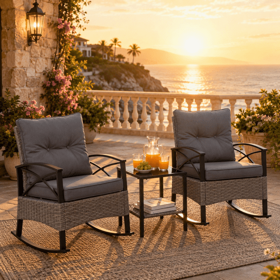 Patio Outdoor Furniture Set, 3PCS Rattan Wicker Rocking Chair Set Balcony Furniture, Steel Frame Patio Chairs with 2-Tier Coffee Table, Thick Seat Cushions and Pillows