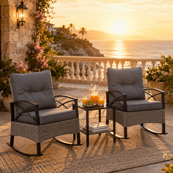 Patio Outdoor Furniture Set, 3PCS Rattan Wicker Rocking Chair Set Balcony Furniture, Steel Frame Patio Chairs with 2-Tier Coffee Table, Thick Seat Cushions and Pillows