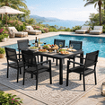 thumbnail image 1 of Outdoor Dining Table & Chairs, Patio Dining Sets with 6 Stackable Textilene Armchairs, All-Weather Plastic Furniture Dining Set Steel Frame and Wood Grain Top Table, 1 of 6