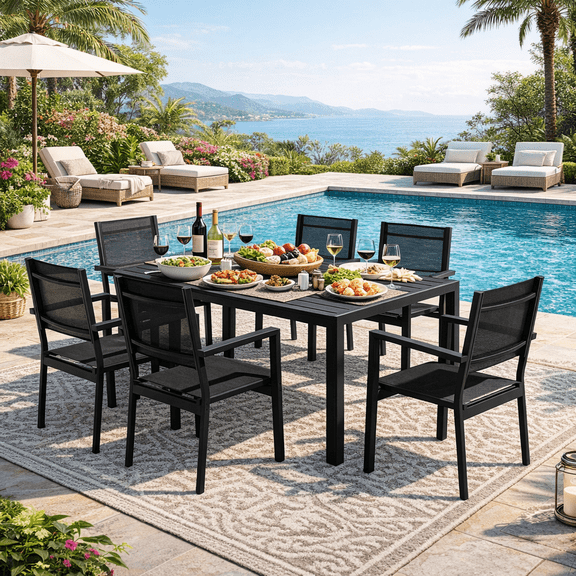 Outdoor Dining Table & Chairs, Patio Dining Sets with 6 Stackable Textilene Armchairs, All-Weather Plastic Furniture Dining Set Steel Frame and Wood Grain Top Table