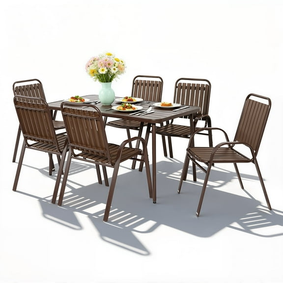 7 Piece Outdoor Dining Table and Chairs for 6, Seizeen Patio Conversation Dining Set with Rectangular Table and High-back Chair, Plastic Wood Grain Top, Space-saving Furniture Set for Deck Yard, Brow