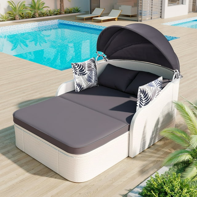 Seizeen Outdoor Rattan Chaise Lounge, 2-Person Reclining Daybed with Adjustable Canopy and Gray Cushions, Multifunction PE Wicker Furniture w/ Cover, White