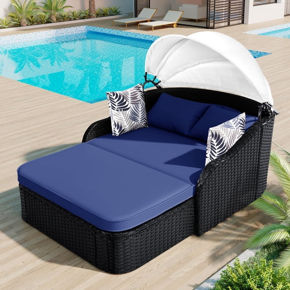 Seizeen Outdoor Rattan Chaise Lounge, 2-Person Reclining Daybed with Adjustable Canopy and Gray Cushions, Multifunction PE Wicker Furniture w/ Cover, White
