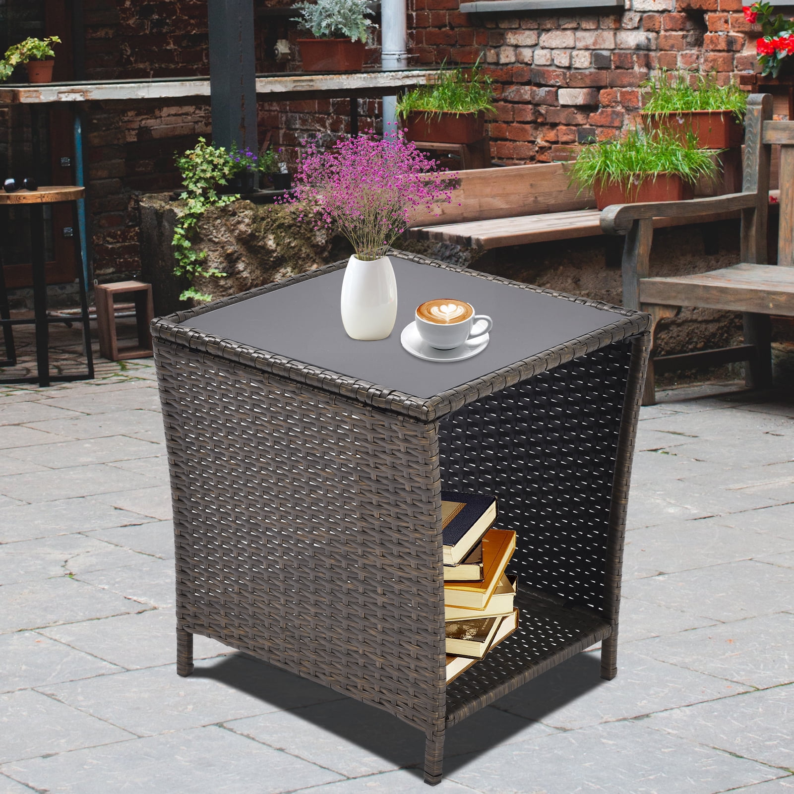 Seizeen Outdoor Rattan Coffee Table 18'' Compact Size Patio Side