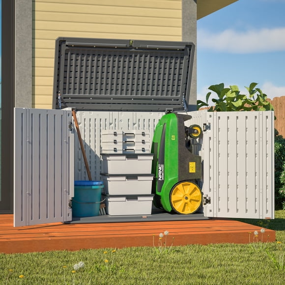 190GAl HDPE Outdoor Storage Cabinet, Seizeen Storage Shed Lockable with 3 Doors, 25.34 cu.ft Plastic Deck Box Pool Patio Garden Backyard Storage, Locking Latch, White
